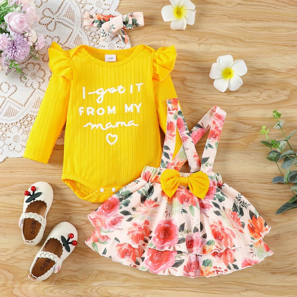Baby Girl Graphic Ribbed Bodysuit and Pinafore Skirt Set